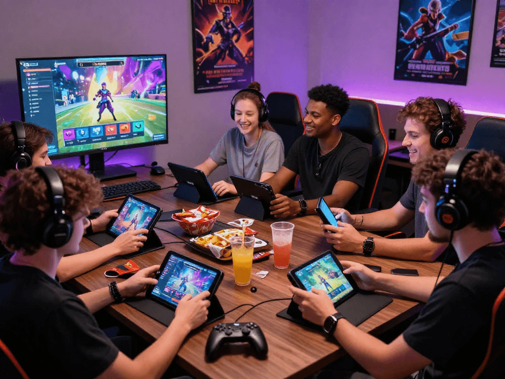 Engaged players exploring a variety of porn games on multiple devices in a lively gaming setup.