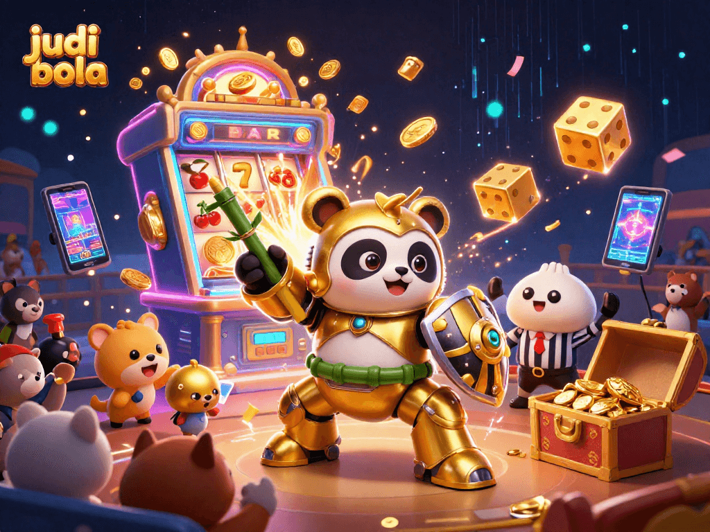 Engage in judi bola with exciting 3D visuals of slot machines and vibrant gameplay elements.
