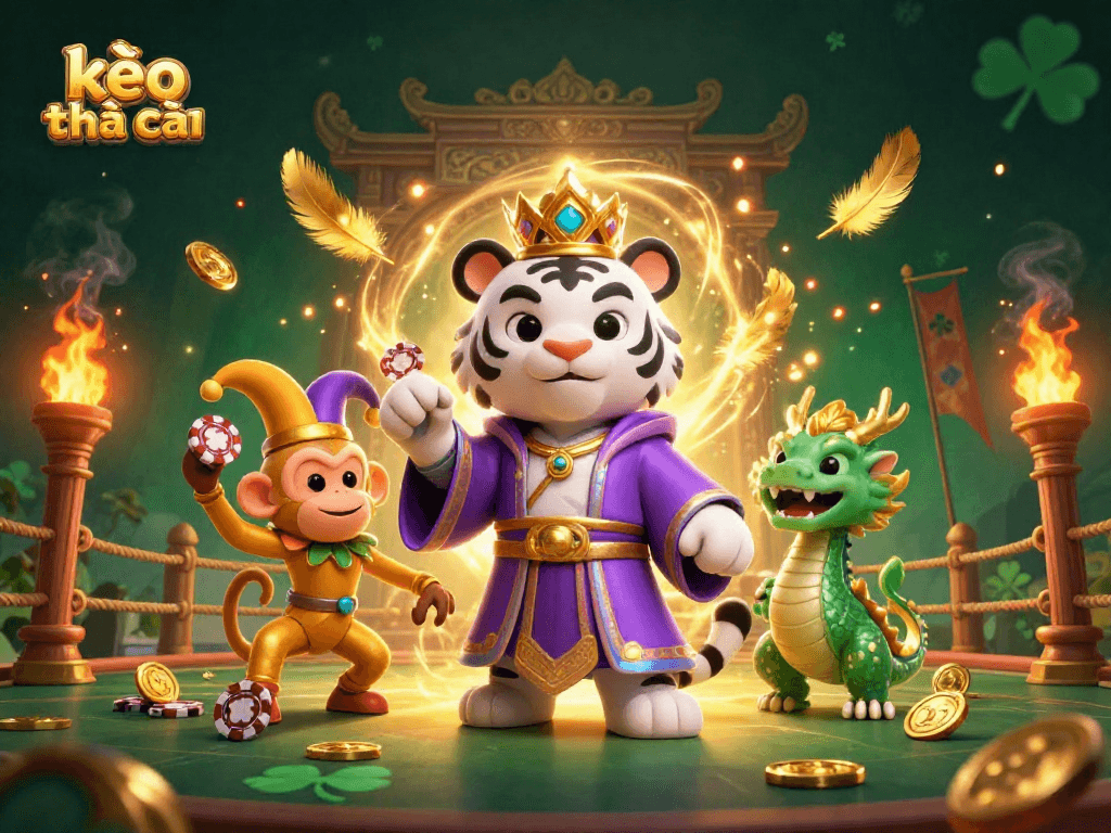 Engage with kèo nhà cái strategies amidst a vibrant 3D casino scene filled with action and characters.