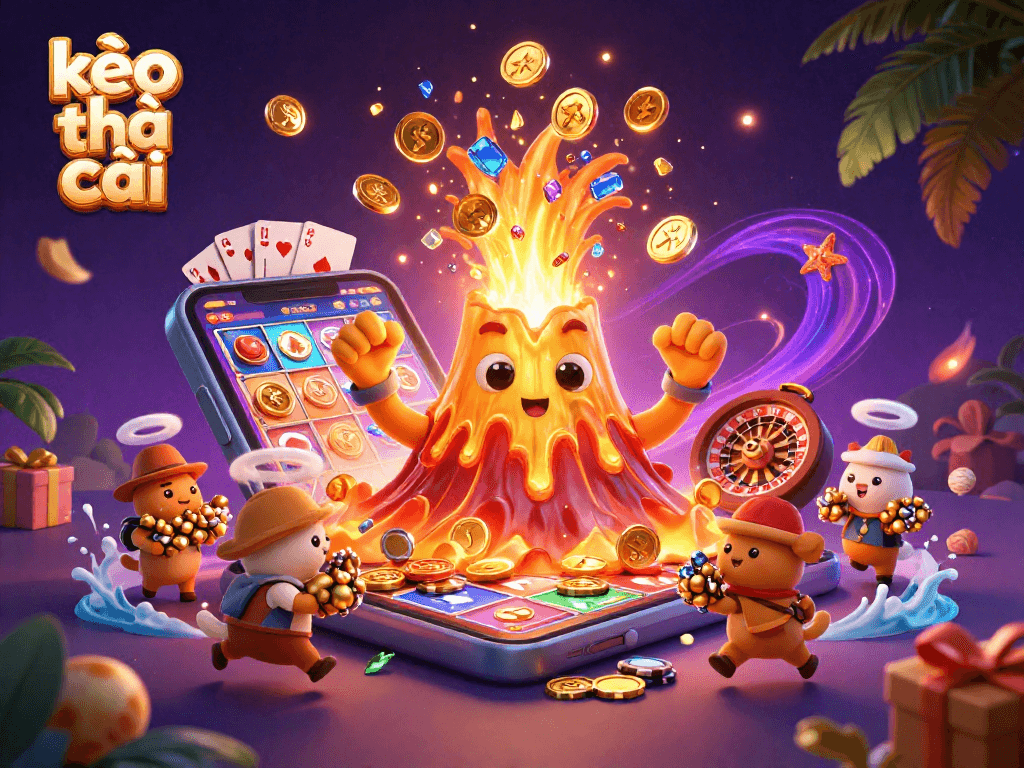 Experience thrilling wins with kèo nhà cái, showcasing an erupting volcano of treasures amidst a vibrant casino scene.