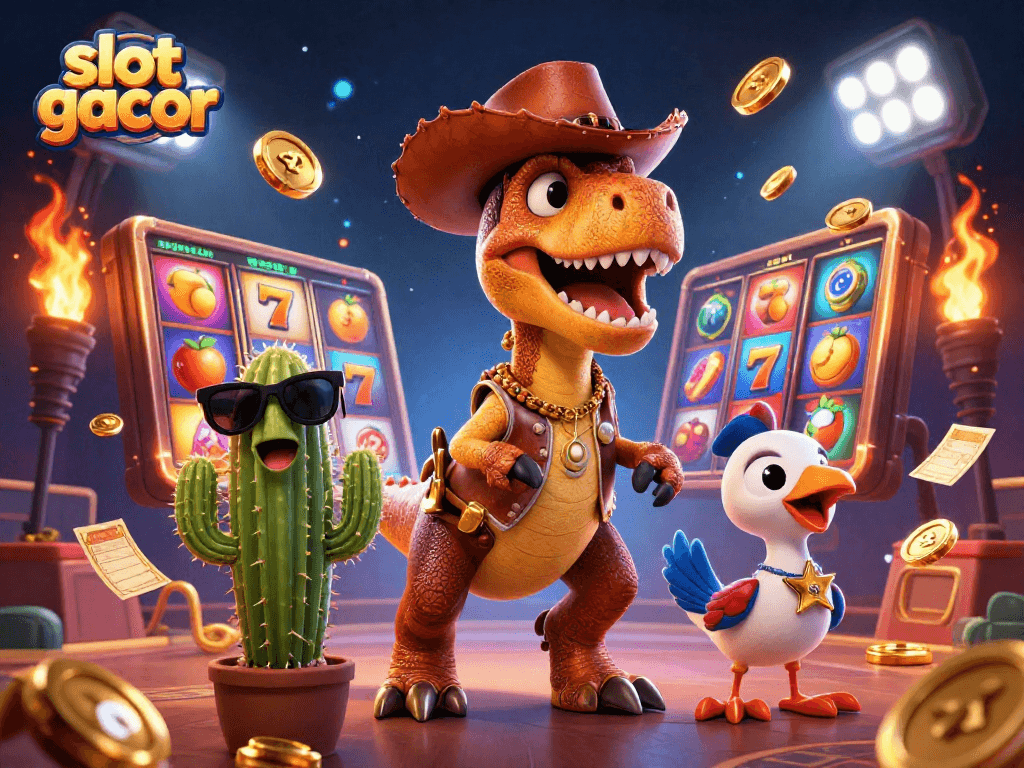 Engage in slot gacor excitement with a T-Rex cowboy and dynamic slot game elements.