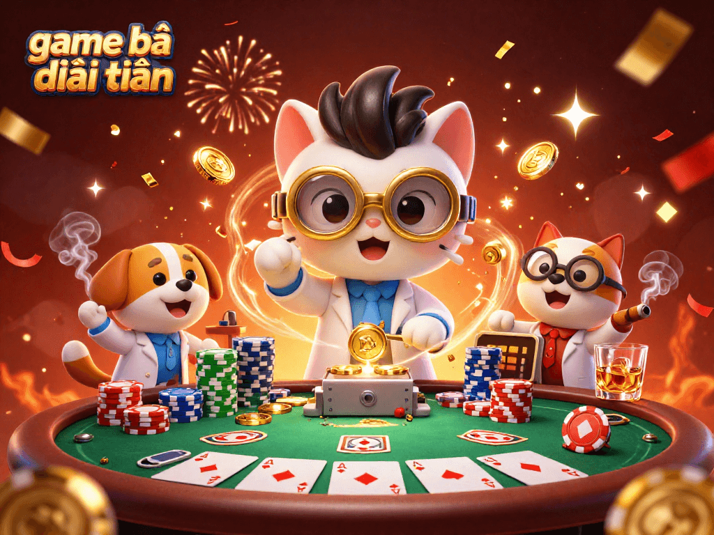 Experience game bài đổi thưởng in a vivid 3D scene with a mad scientist cat and poker elements.