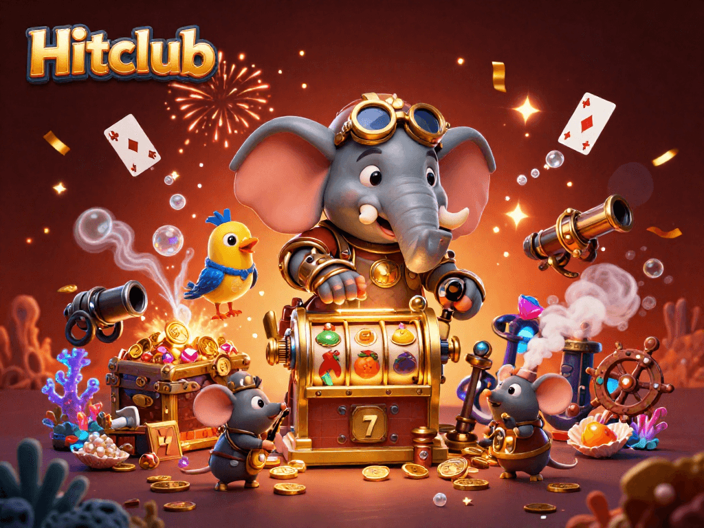 Hitclub features a lively steampunk elephant at a slot machine surrounded by casino treasures.