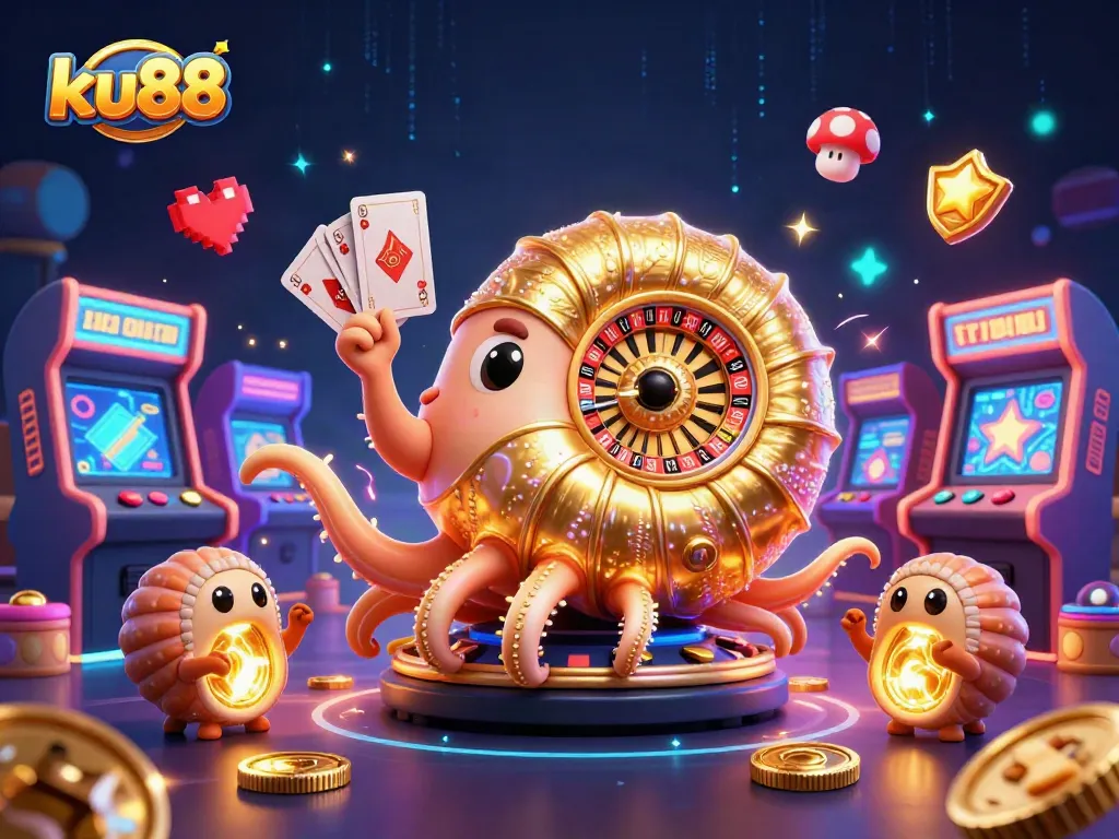ku88 players spin the vibrant roulette wheel while engaging with glowing casino games and 3D elements.