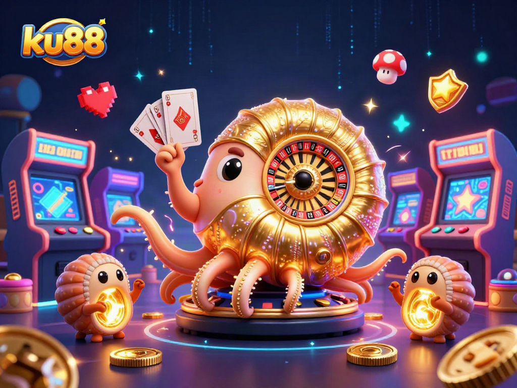 ku88 players spin the vibrant roulette wheel while engaging with glowing casino games and 3D elements.