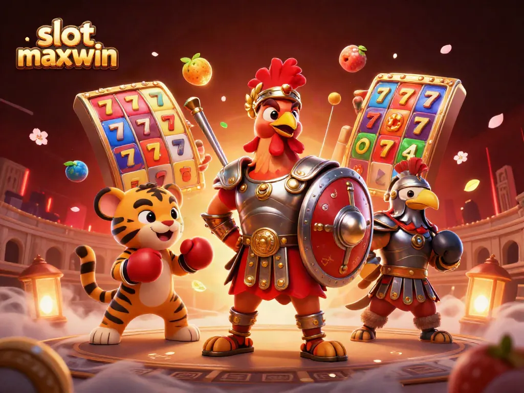 Win big with slot maxwin as colorful fruit symbols and spinning reels delight players in an action-packed casino scene.