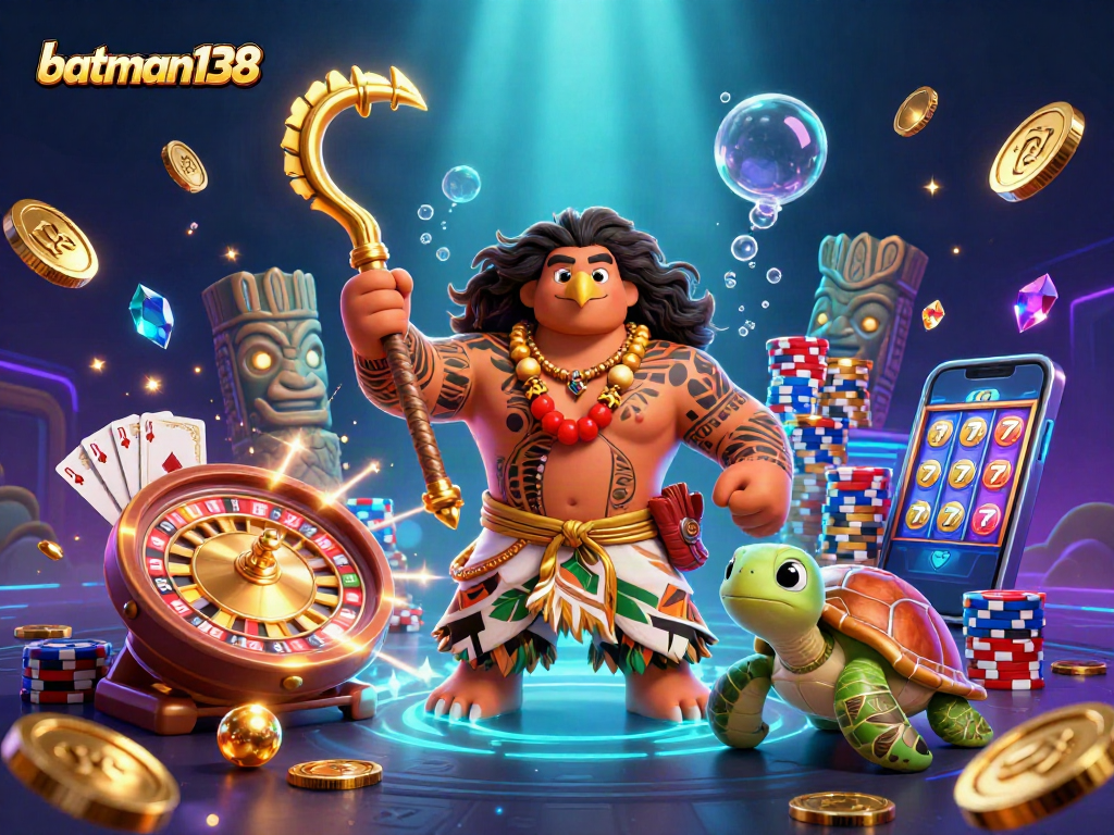 Engage in thrilling games at batman138 with vibrant casino elements like spinning roulette and golden treasures.