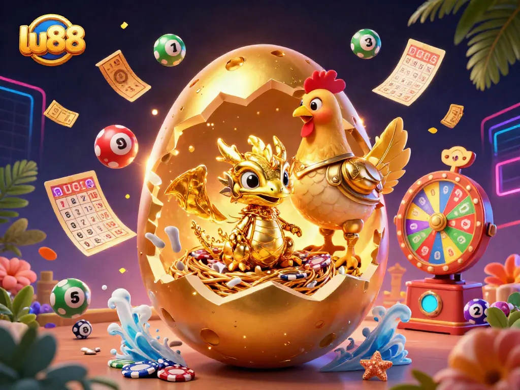 Experience thrilling spins and winning opportunities with lu88 in this vibrant 3D casino illustration showcasing exciting gaming elements.