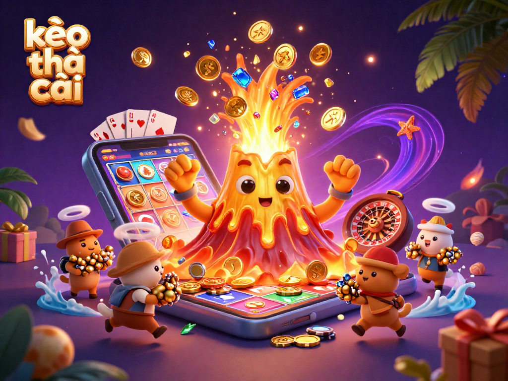 Experience thrilling wins with kèo nhà cái, showcasing an erupting volcano of treasures amidst a vibrant casino scene.