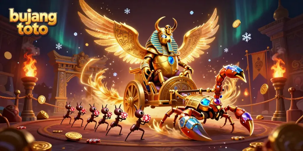 Experience thrilling gameplay with bujang toto's golden scarab beetle mascot amidst a vibrant casino scene.