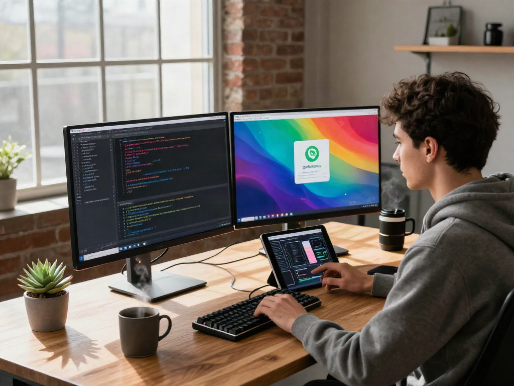 Developer coding gbwhatsapp interface in modern workspace with dual monitors and coffee.