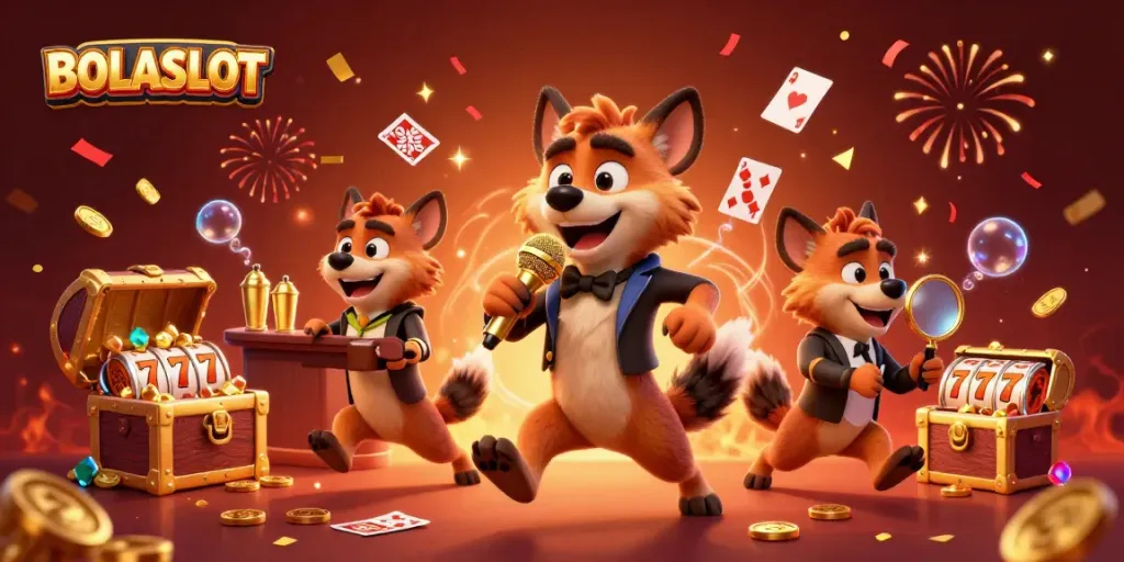 BOLASLOT comedy casino scene with hyenas, gold coins, and slot reels, capturing the excitement of gaming.