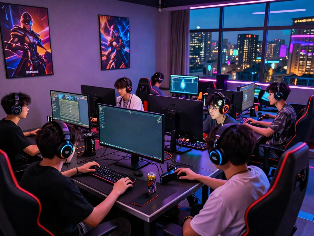 Gamers enjoying QQMacan in a vibrant gaming lounge, focused on high-definition screens.