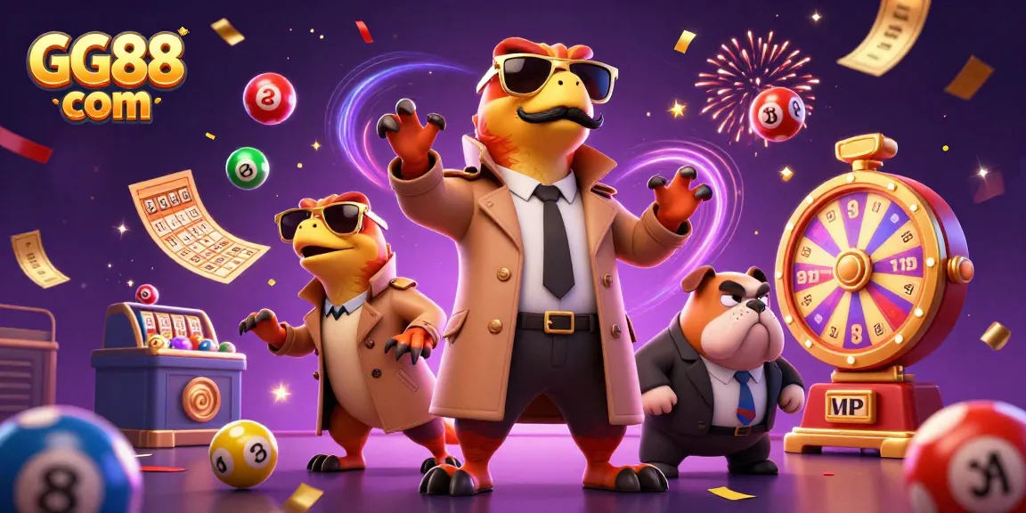 Engage with the exhilarating world of GG88 com as vibrant lottery balls and casino elements animate around cartoon raptors at a VIP lounge.