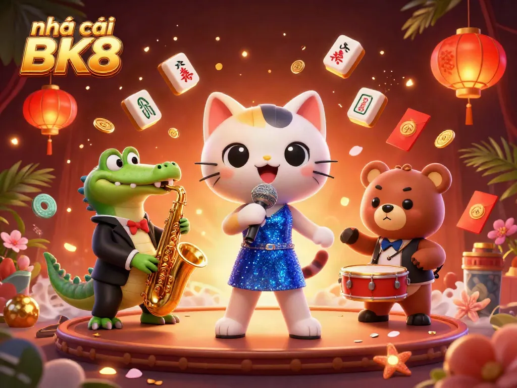 Experience the vibrant world of nhà cái BK8, where a jazz-singer cat, crocodile, and bear cub bring excitement to casino gaming.