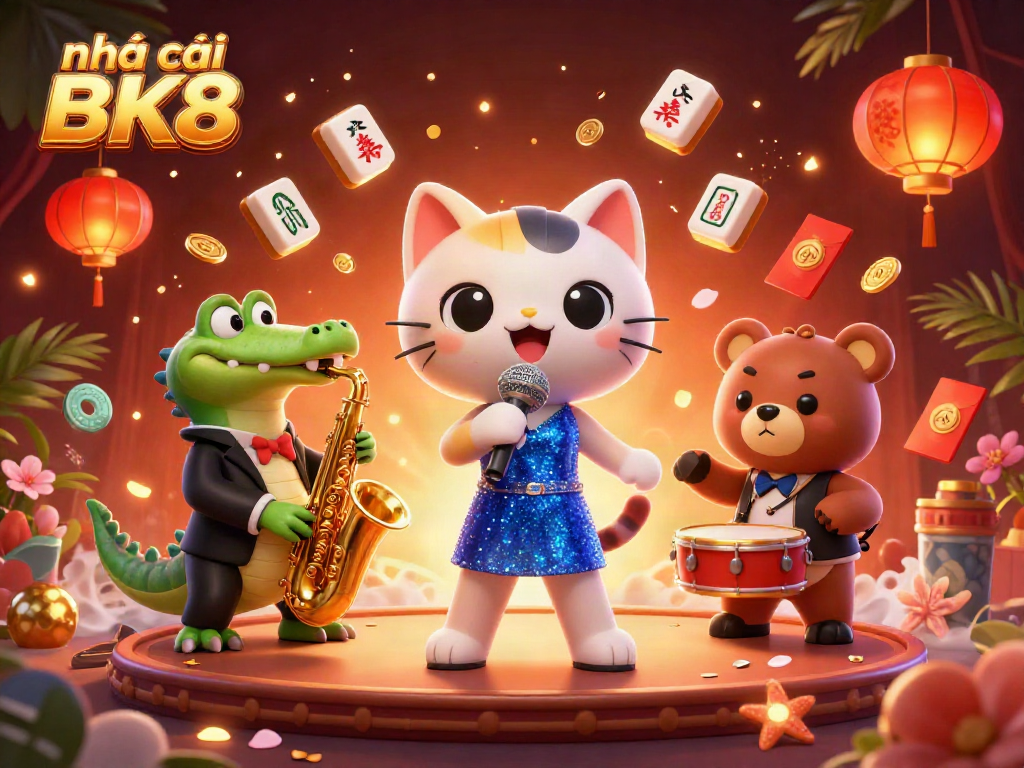 Experience the vibrant world of nhà cái BK8, where a jazz-singer cat, crocodile, and bear cub bring excitement to casino gaming.