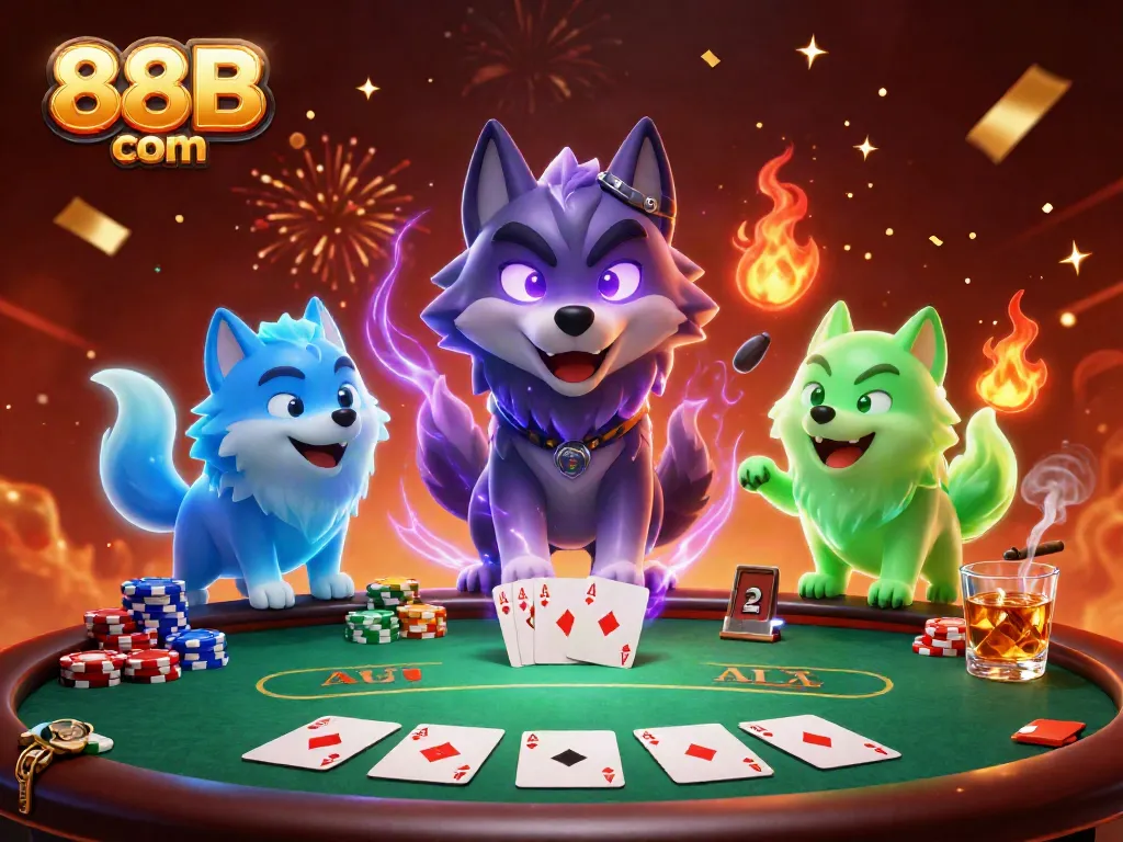 Engage with thrilling poker action in a vibrant scene featuring 88B com and animated wolf characters.