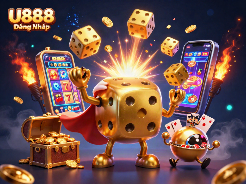Experience thrilling wins with U888 Đăng Nhập in this vibrant casino-themed 3D illustration.
