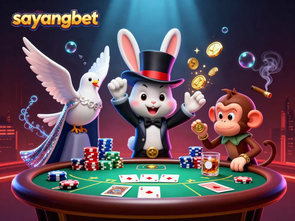 Experience sayangbet with vibrant magic and a dynamic casino scene featuring characters and poker elements.