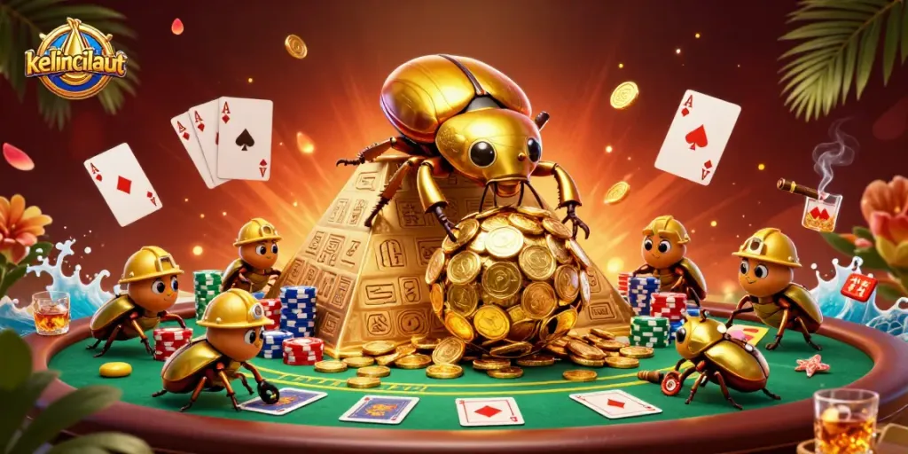 Engage with kelincilaut as a gold beetle leads thrilling casino action with coins and poker elements.