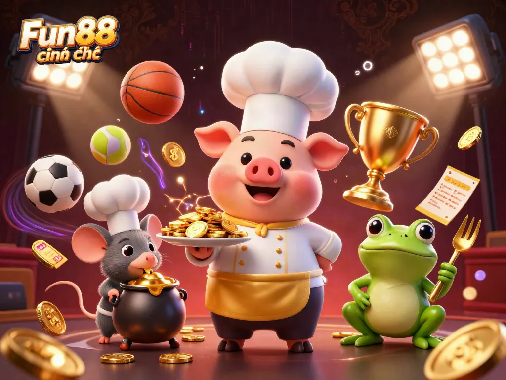 Fun88 chính thức showcases a vibrant casino scene with animated characters serving gold coins and sports elements.