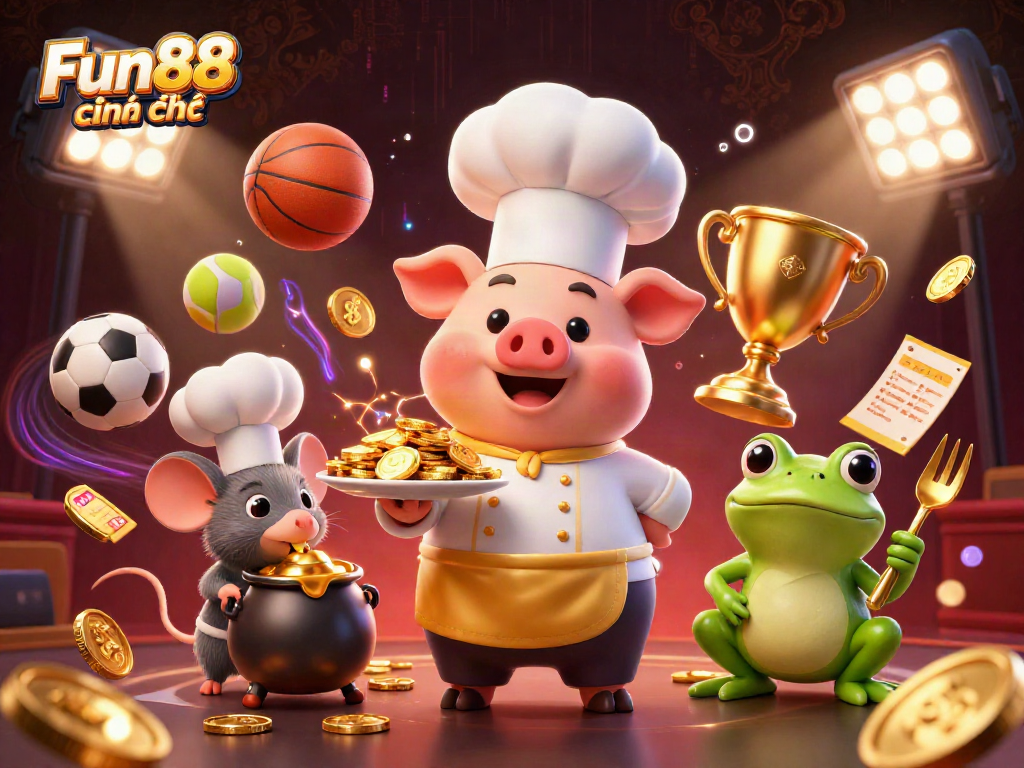 Fun88 chính thức showcases a vibrant casino scene with animated characters serving gold coins and sports elements.