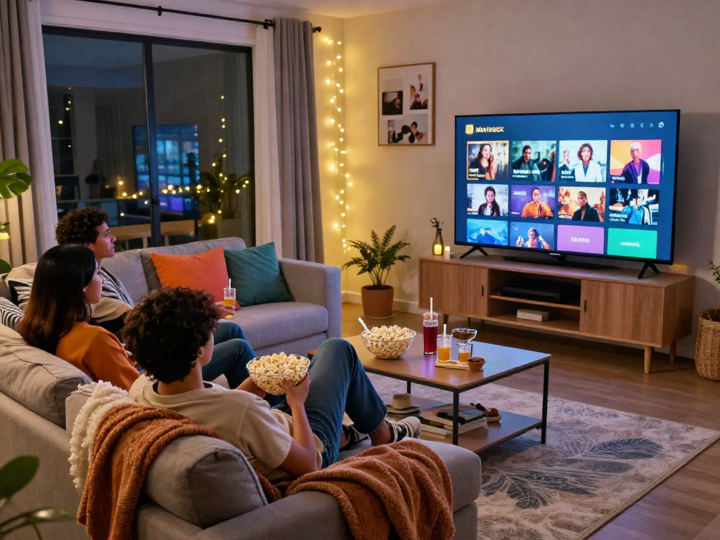 Enjoying the Moviebox app on a cozy movie night with friends, featuring a modern living room setup.