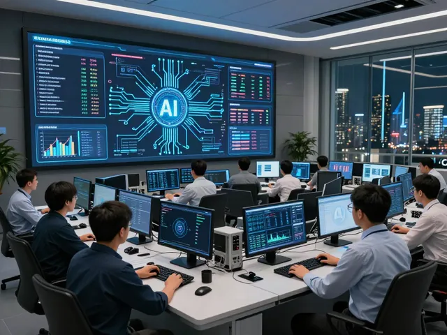 Engineers collaborating in a futuristic AI infrastructure control room for the AI Token Economy