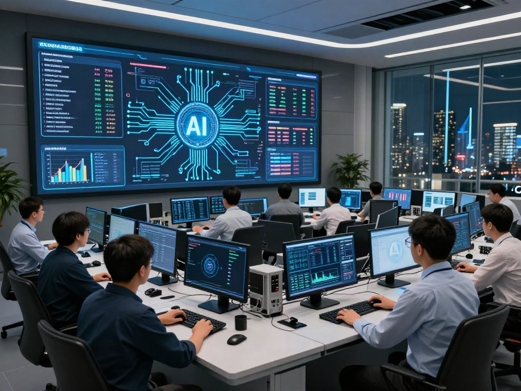 Engineers collaborating in a futuristic AI infrastructure control room for the AI Token Economy