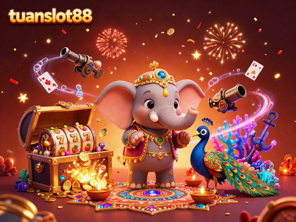 Ikon permainan tuanslot88 dengan simbol slot dan dekorasi meriah yang menarik perhatian.