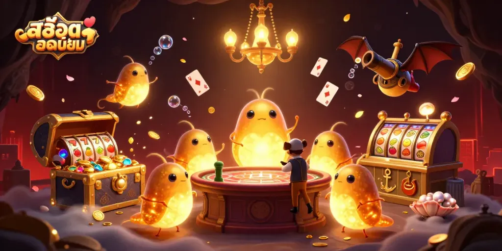 Experience สล็อตยอดนิยม with a vibrant 3D casino scene filled with glowworms, gold, and slot reels.