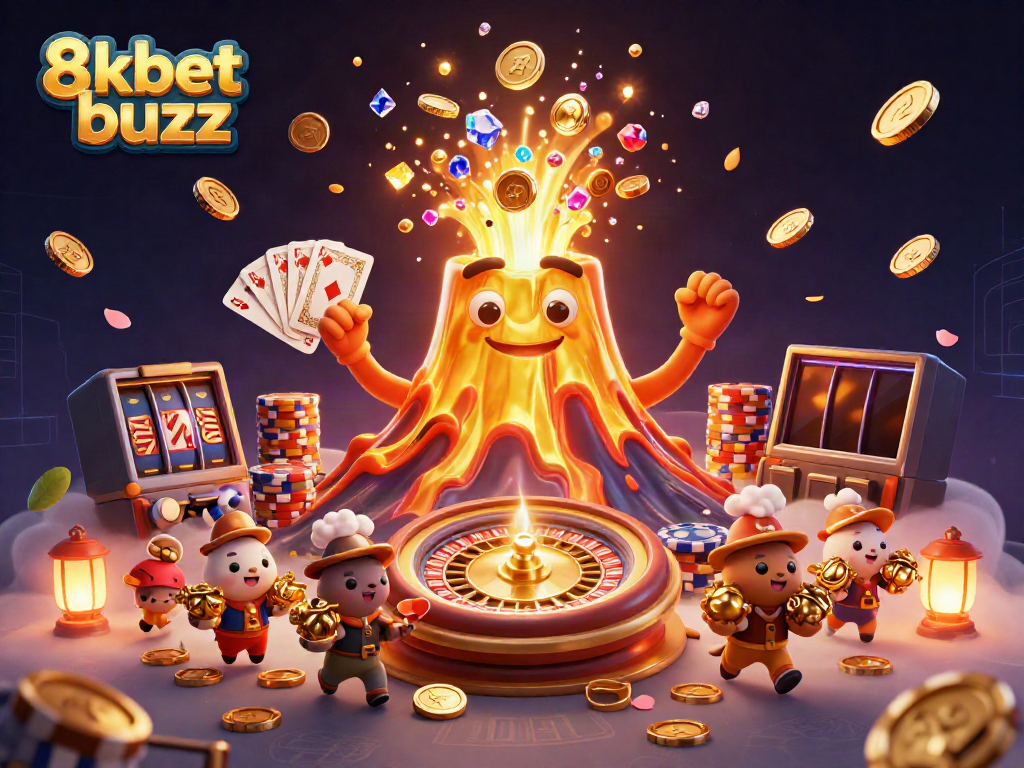 Experience the excitement of 8kbet buzz, where a golden volcano erupts treasure surrounded by casino elements.