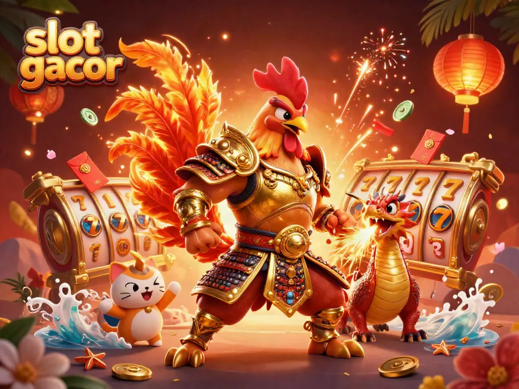 Experience the excitement of slot gacor with a dynamic 3D illustration featuring a rooster warrior and dragon hatchling.