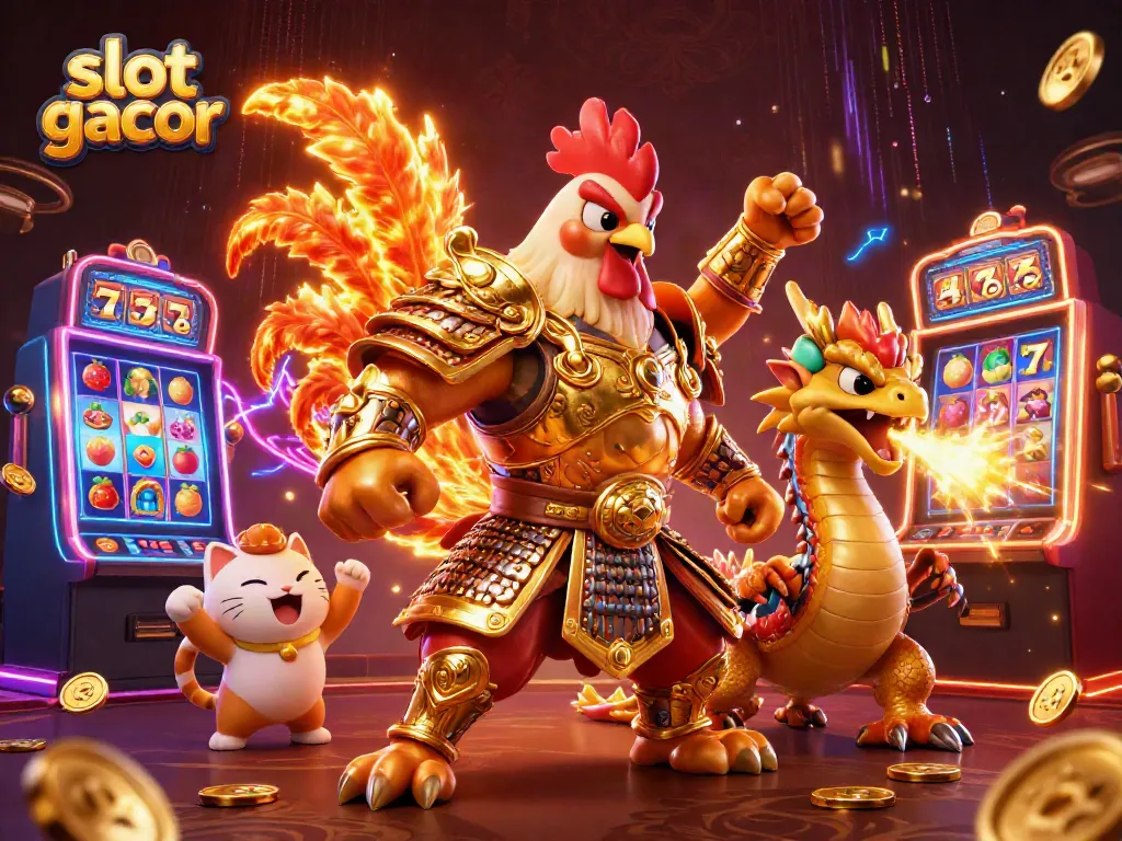 Merancang slot gacor dengan karakter petarung ayam dan naga dalam ilustrasi 3D yang penuh warna dan detail