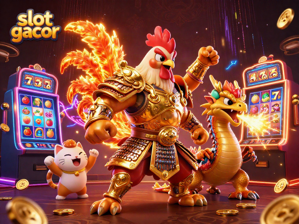 Merancang slot gacor dengan karakter petarung ayam dan naga dalam ilustrasi 3D yang penuh warna dan detail