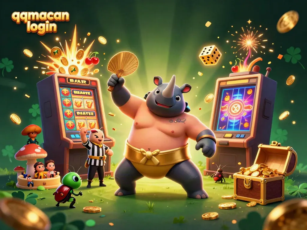 Join the excitement of qqmacan login as a sumo champion beetle celebrates with golden coins and jackpot symbols!