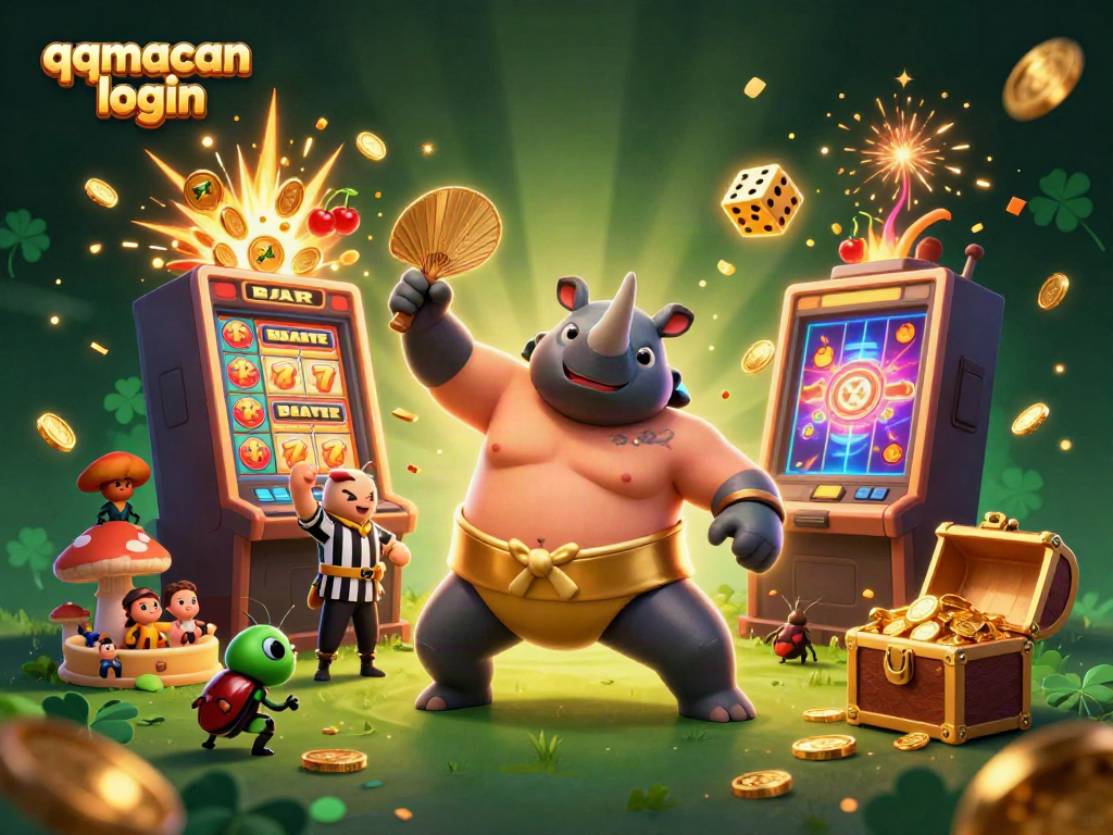 Join the excitement of qqmacan login as a sumo champion beetle celebrates with golden coins and jackpot symbols!
