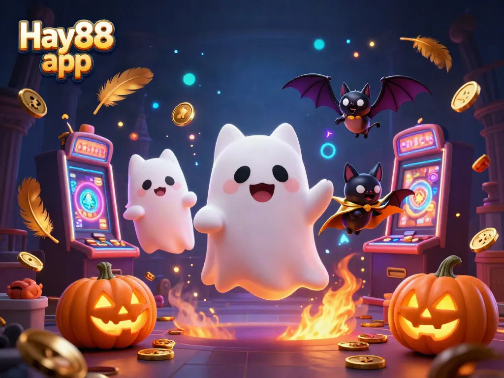 Experience thrilling gameplay with Hay88 app, featuring a friendly ghost cat and a vampire bat in an exciting casino setting.