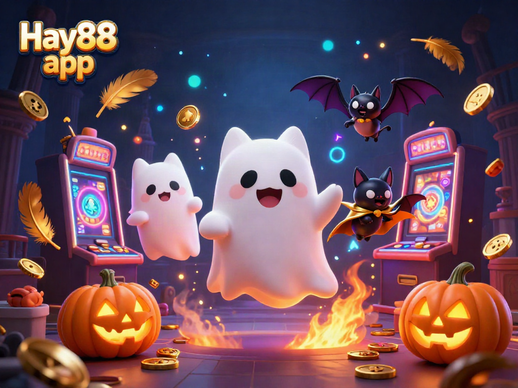 Experience thrilling gameplay with Hay88 app, featuring a friendly ghost cat and a vampire bat in an exciting casino setting.
