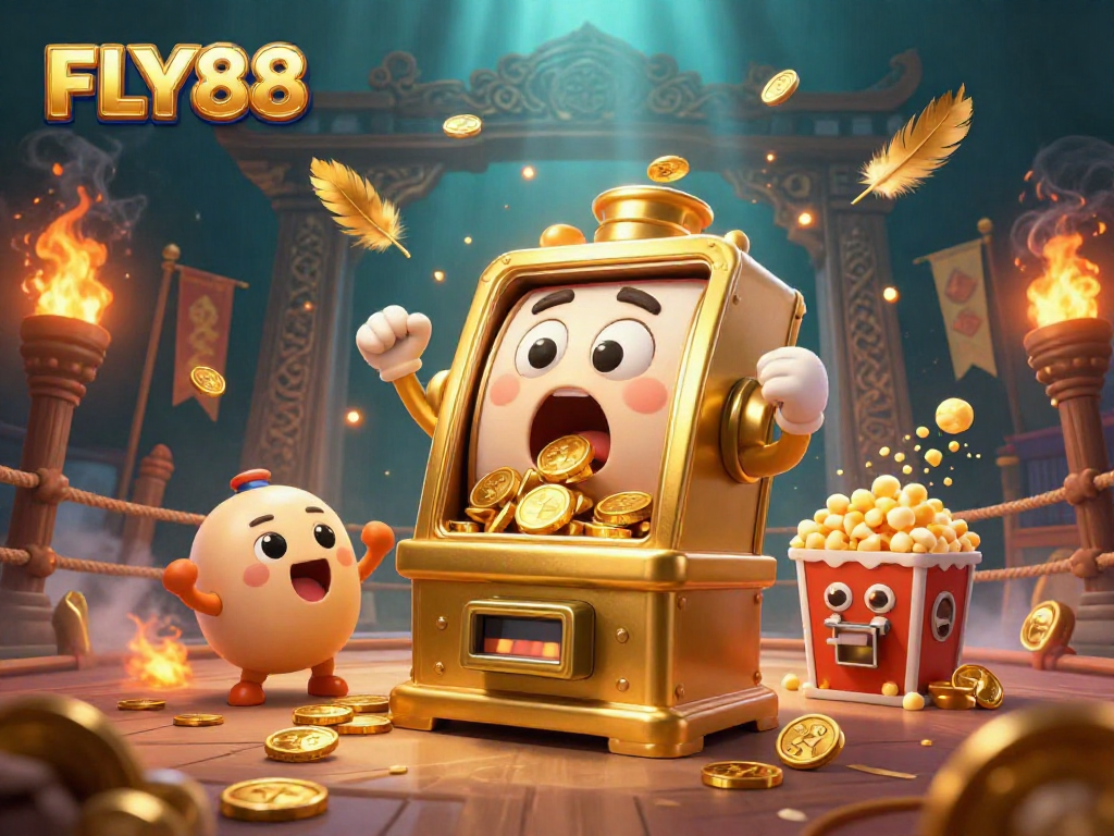 FLY88 showcases a golden slot machine hitting the jackpot, surrounded by cheering machines and vibrant decorations.