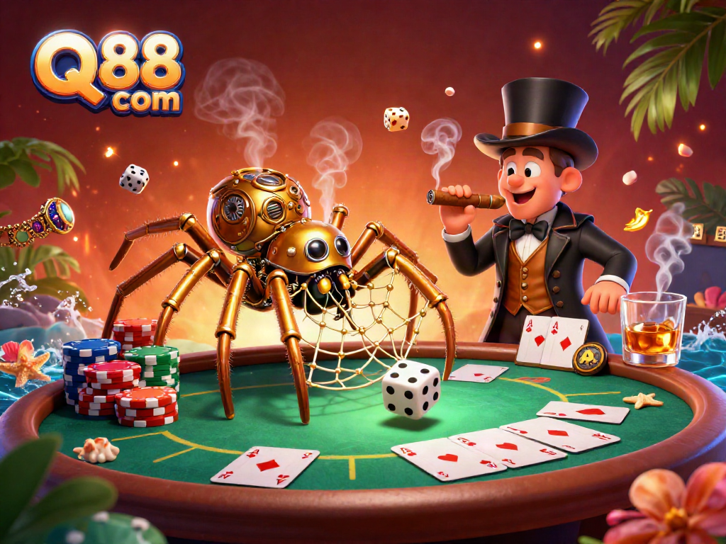 Engage with exhilarating poker action at Q88 com, showcasing a steampunk spider entangled in golden chains and poker chips.