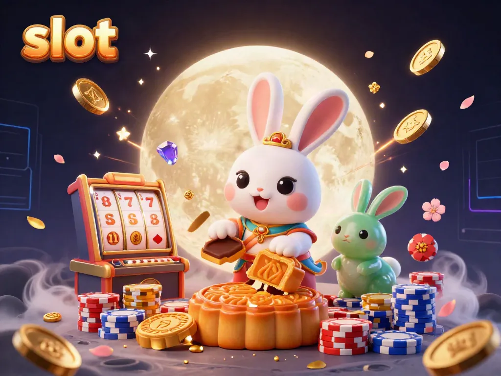 Engage with the slot scene featuring a moon rabbit and lavish casino elements highlighting the excitement of winning.