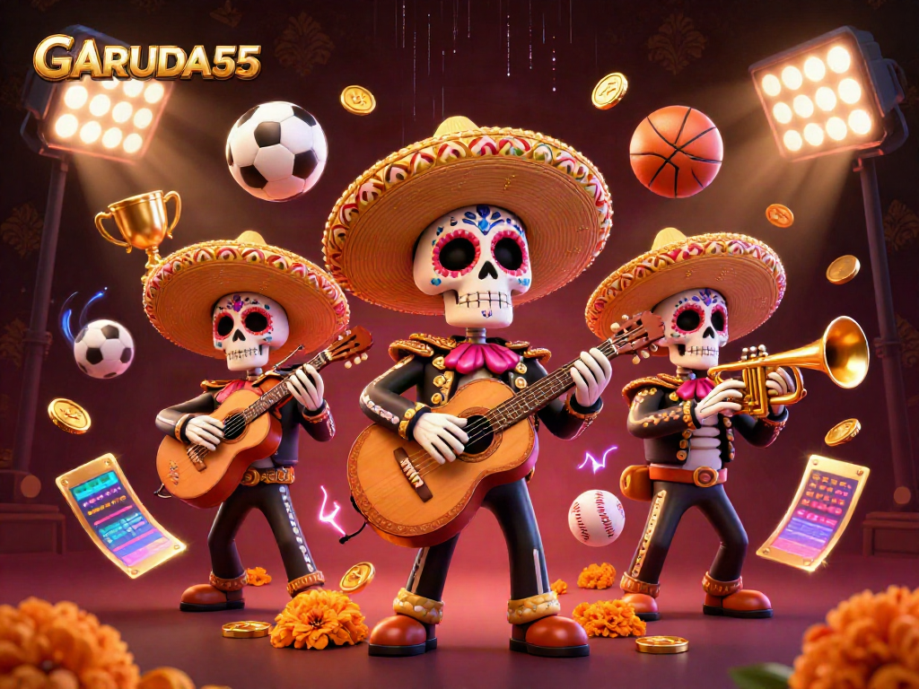 Win big with GARUDA55 showcased in a vibrant 3D illustration featuring a mariachi band and dynamic sports elements.