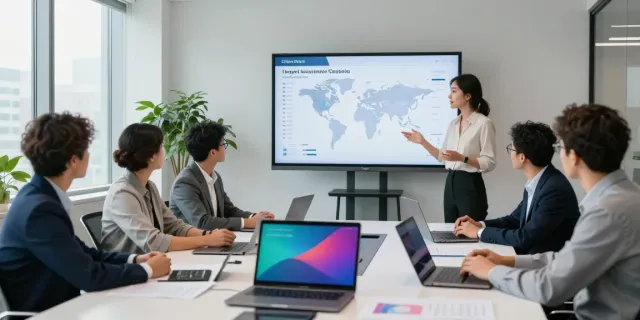 Team discussing the largest insurance company in the world in a modern office