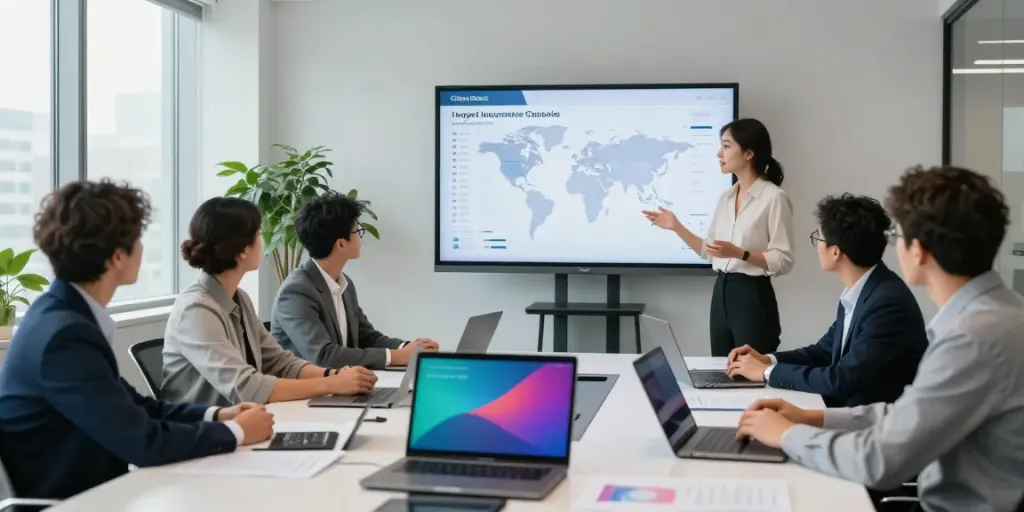 Team discussing the largest insurance company in the world in a modern office