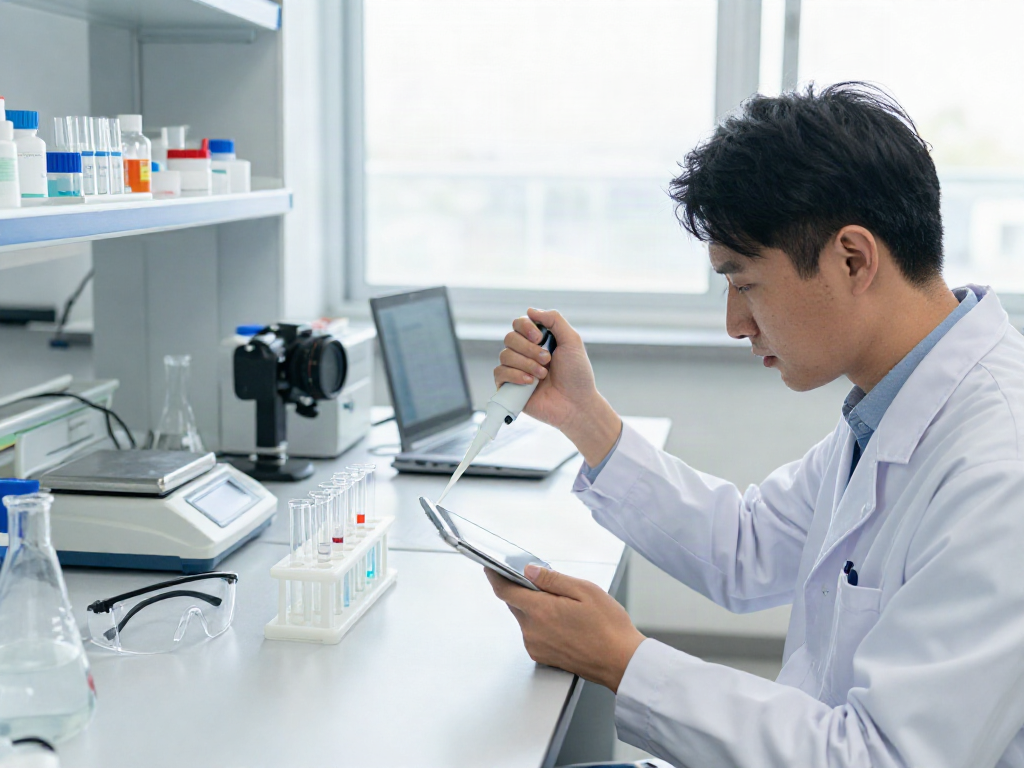 Buy SS-31 peptide in a professional laboratory setting with a scientist analyzing vials and equipment.