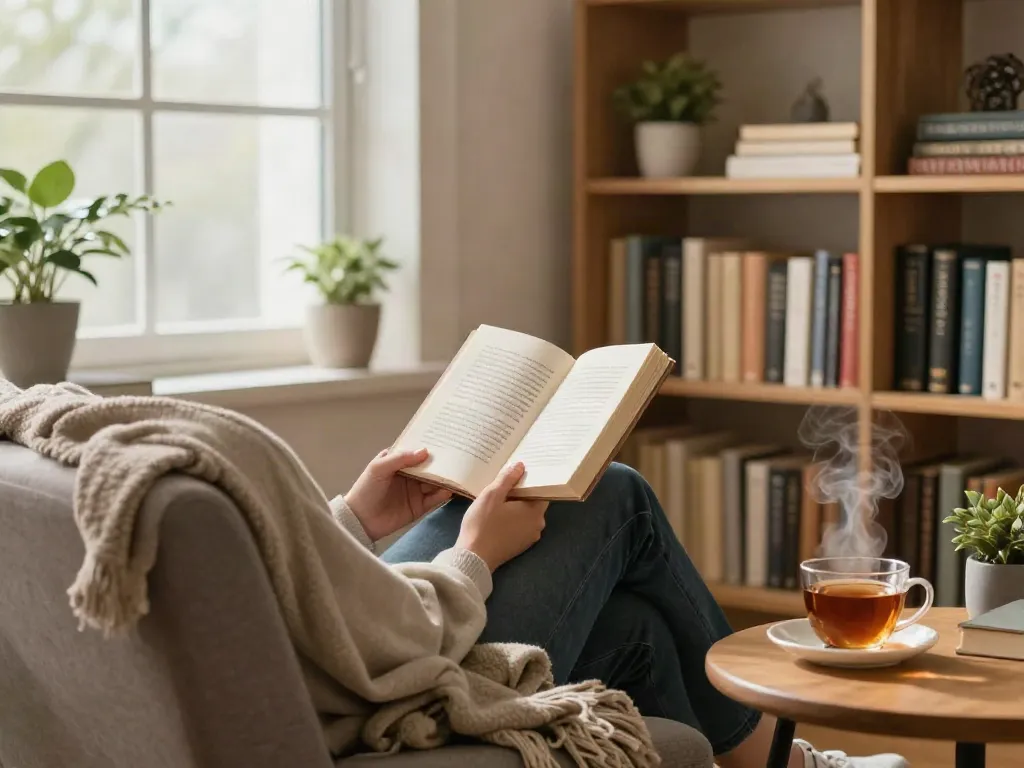 Engaging scene of a reader exploring more about the author in a cozy home office.