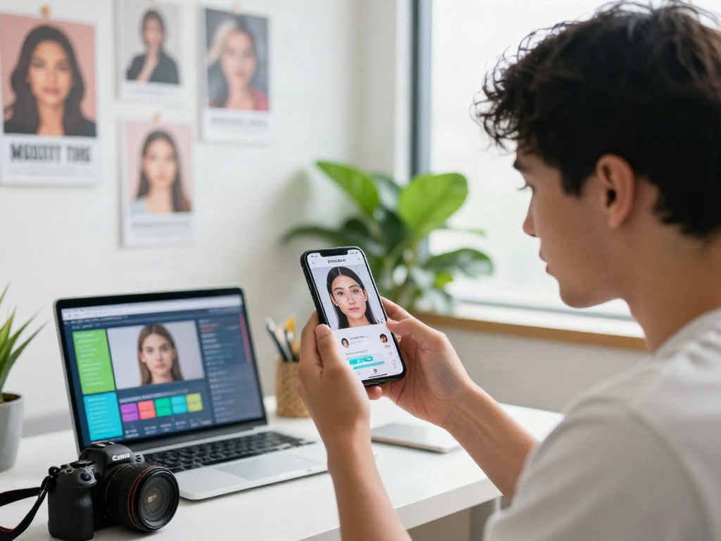 Taking an attractiveness test on a smartphone app, showcasing facial analysis features in a vibrant workspace.