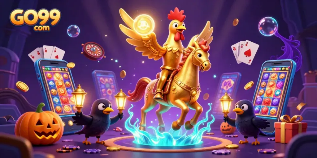 Experience dynamic gameplay at GO99 com with a golden rooster and gaming elements in a vivid casino.
