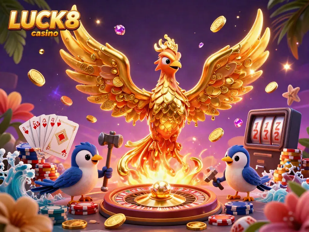 Experience LUCK8 casino with a dynamic scene featuring a golden phoenix and casino elements, celebrating lively gaming.